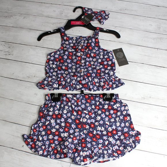 Vince Camuto Girl's Smocked Top Shorts Set Size 6 Navy Blue Red Floral - Picture 1 of 9